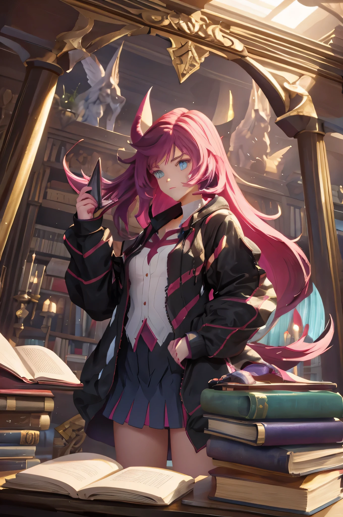 Teenage woman, battle outfit, horns, long hair, reading in the library, floating books, magical books