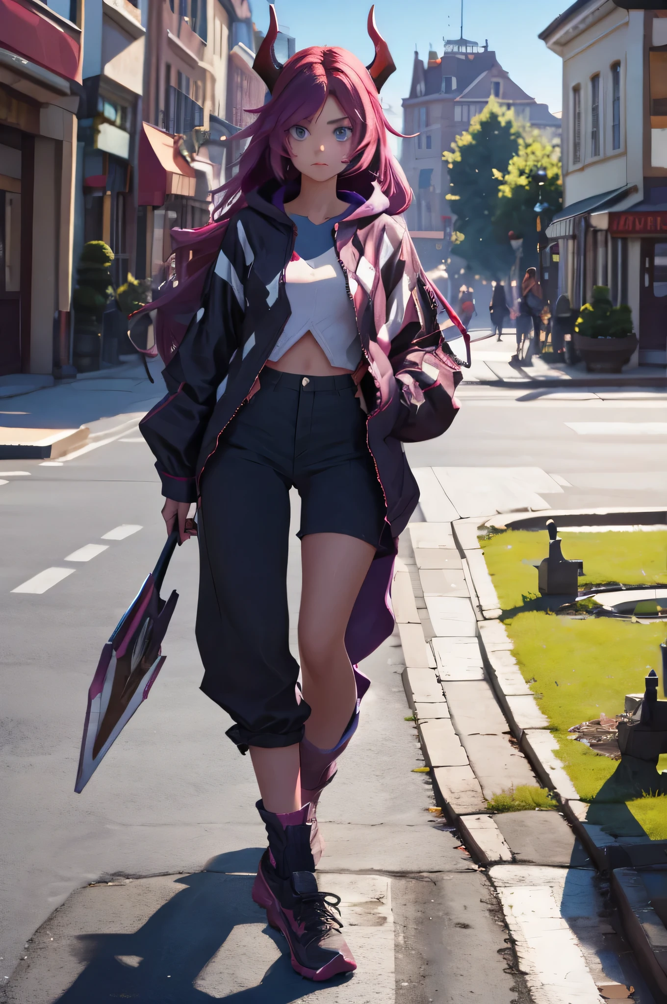 Teenage woman, battle outfit, horns, long hair, walking through town