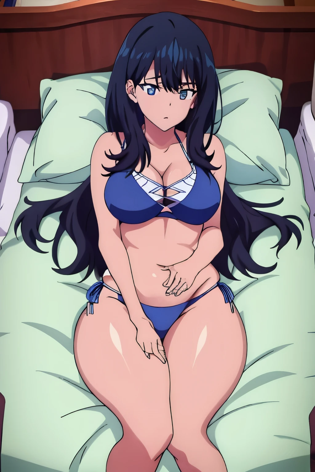 (anime: 1.5), super detailed, masterpiece, highest quality,lying,shiny skin, wet skin, shiny skin, (thick thighs:1.3), (side tie bikini), , Rikka, blue eyes, black hair, long hair, bangs, hair between eyes,bed.middle breasts,sweat,steam