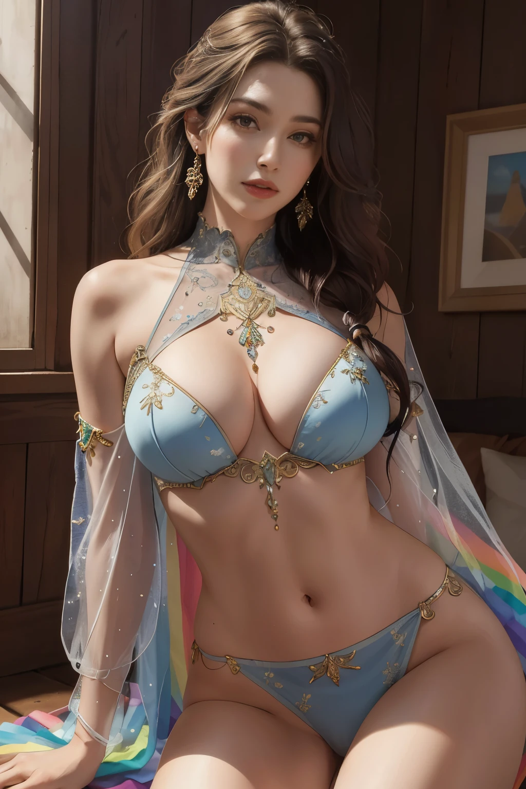 (masterpiece:1.2, highest quality), realistic, (real picture, intricate details, Depth of the bounds written,rainbow colored high neck clothes), parted lips, very detailed, perfect face, perfect body, large model,indoor background,transparent nipples,
mature woman, expensive, long legs, Separate top and bottom costumes,embellished costume,
natural bokeh background,Costume with large open chest,Clothes that expose the belly button,revealing costumes,The lower body is only underwear,Only the upper body is dressed,random hairstyles,
