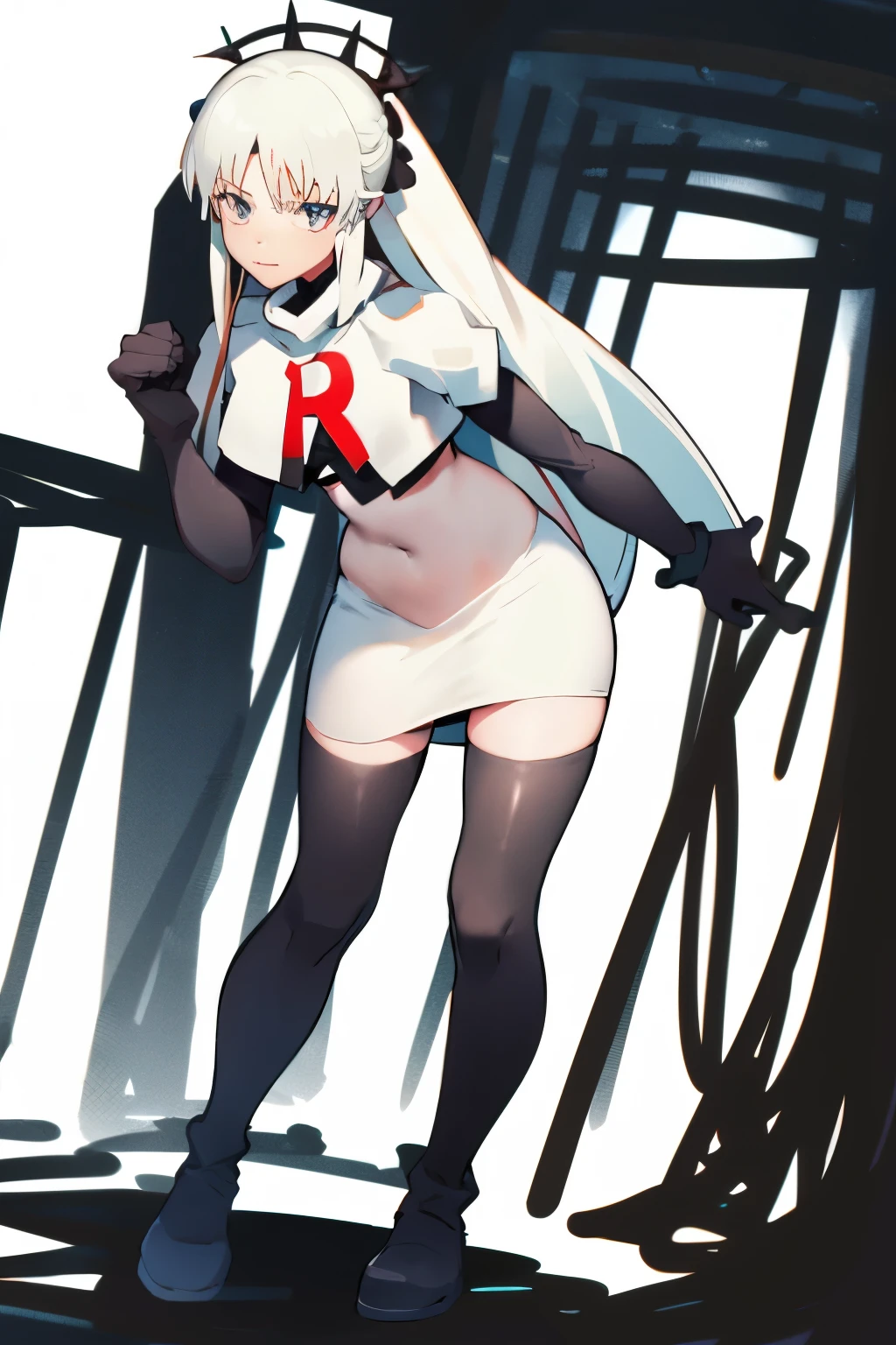 1 girl with long white hair, team rocket,team rocket uniform,white skirt,red letter R,crop top,black thigh-highs,black elbow gloves,