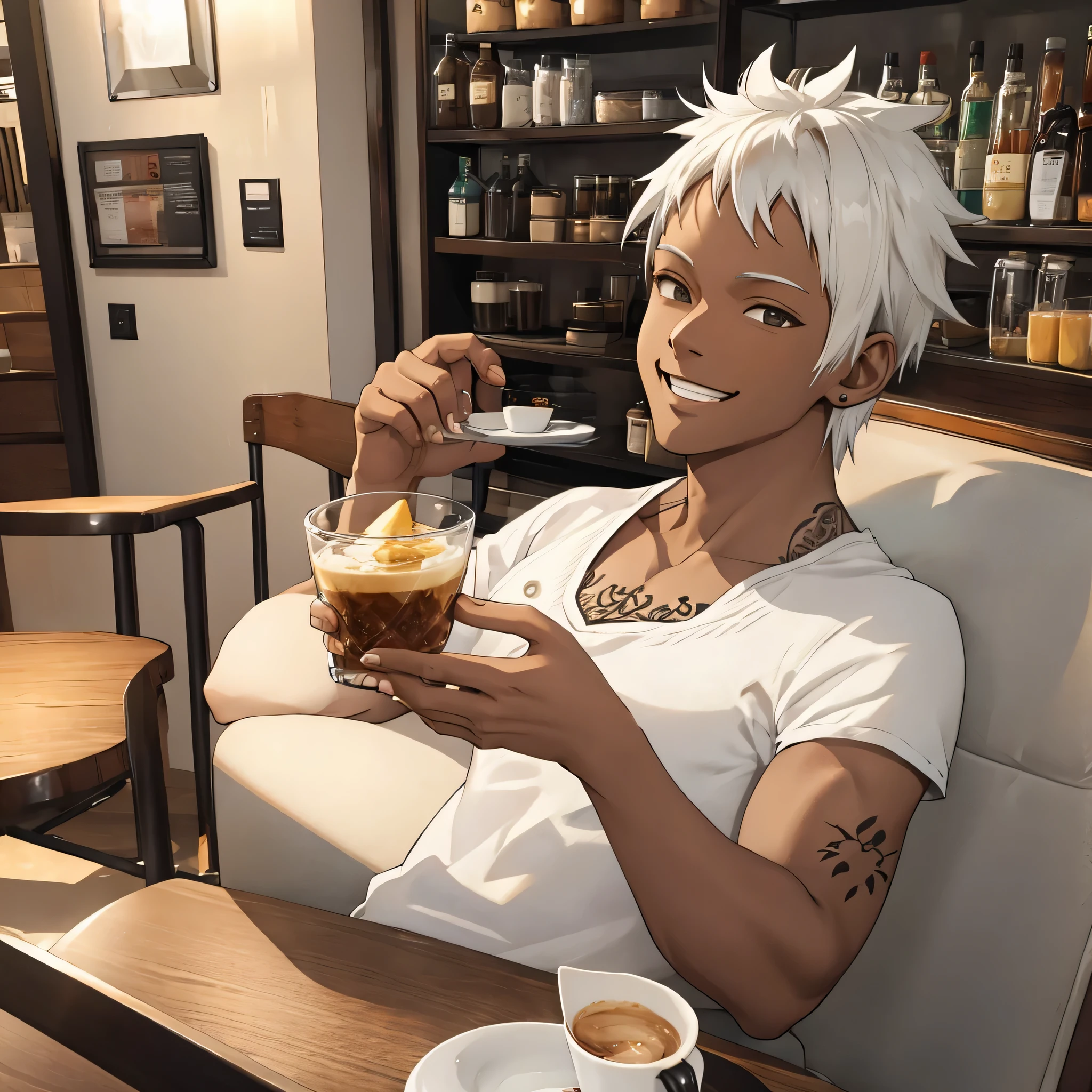 35-year-old male, dark-skinned, tattoos, white hair, happily eating in a cafe, happy, big smile