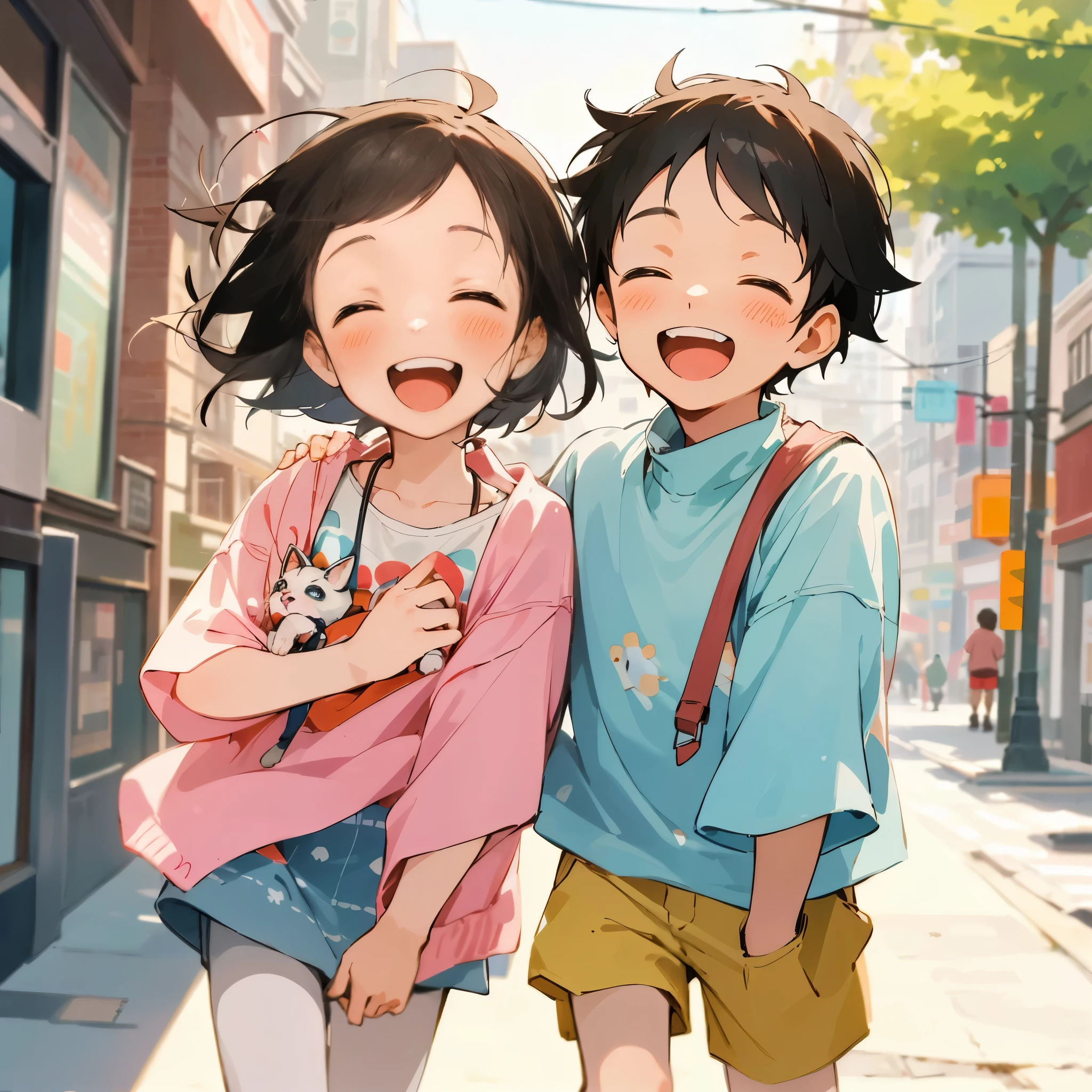 boy and girl laughing happily on the commercial street,There is a cute puppy in the distance