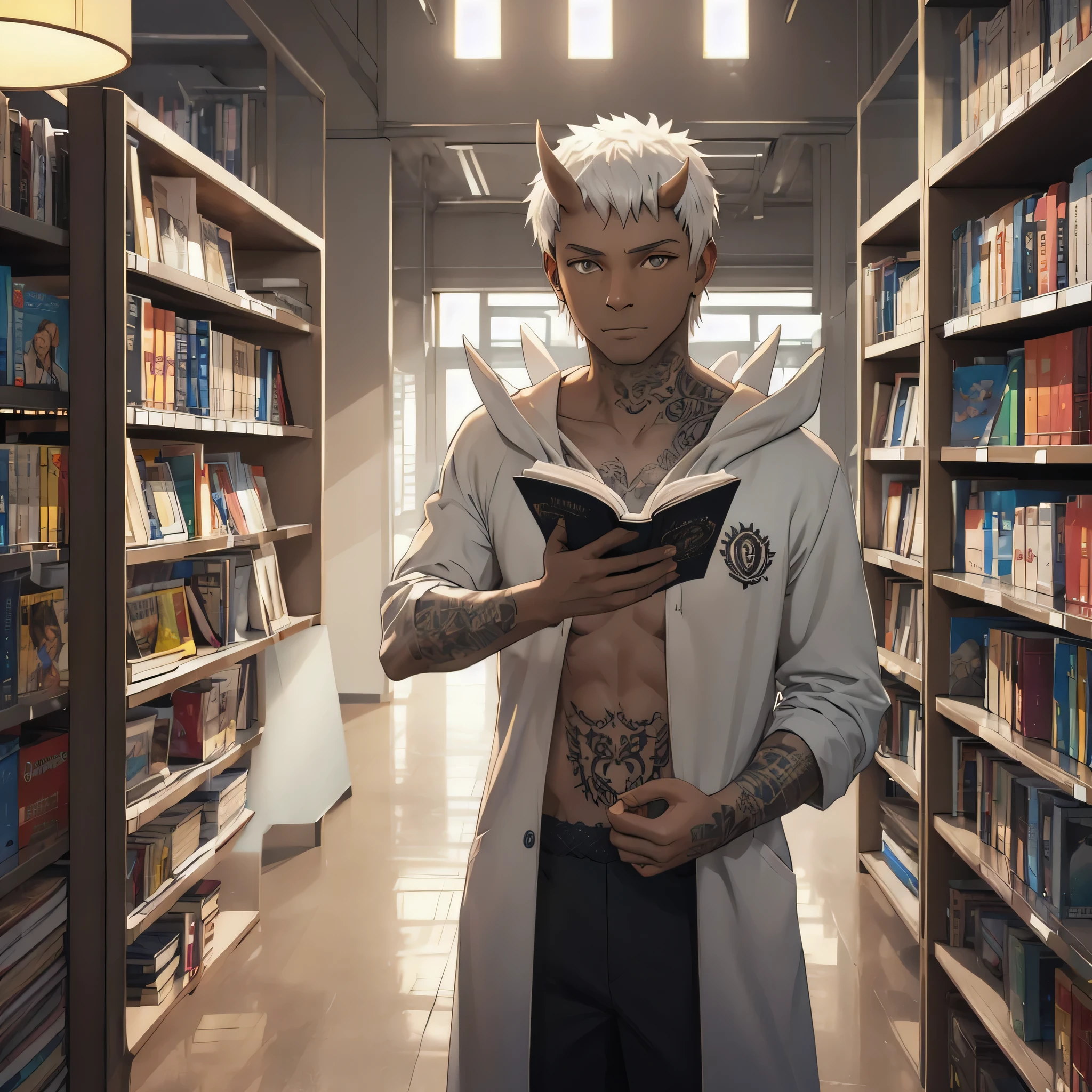 35-year-old male, dark-skinned, tattoos, white hair, horns, reading in the library