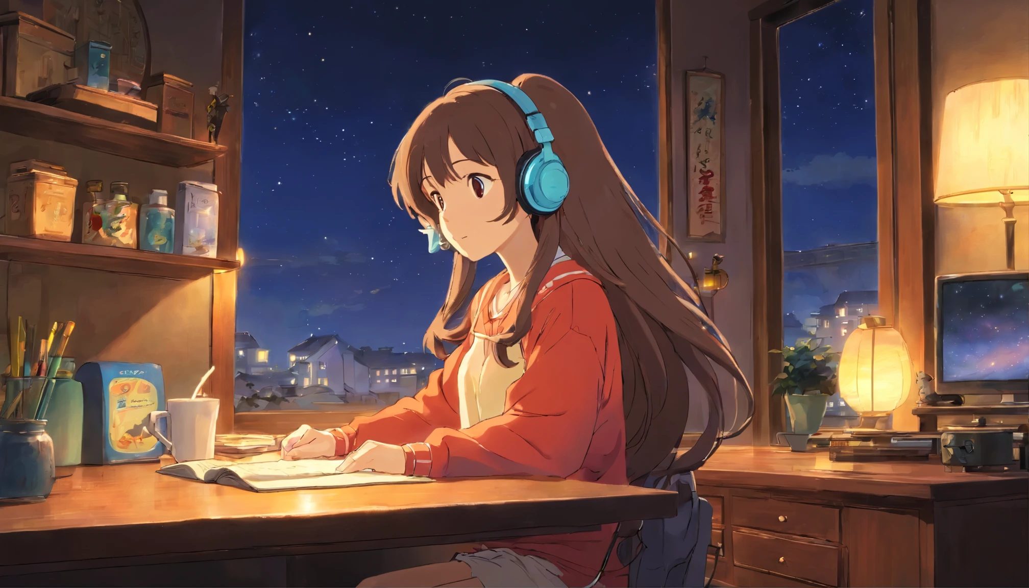 young woman wearing headphones、long hair、Rooms for single people、night、sitting at the desk、night空、Drinking hot milk、fluffy pajamas、indirect lighting、Lo-fi atmosphere、night寝る前、night空を見ている、star