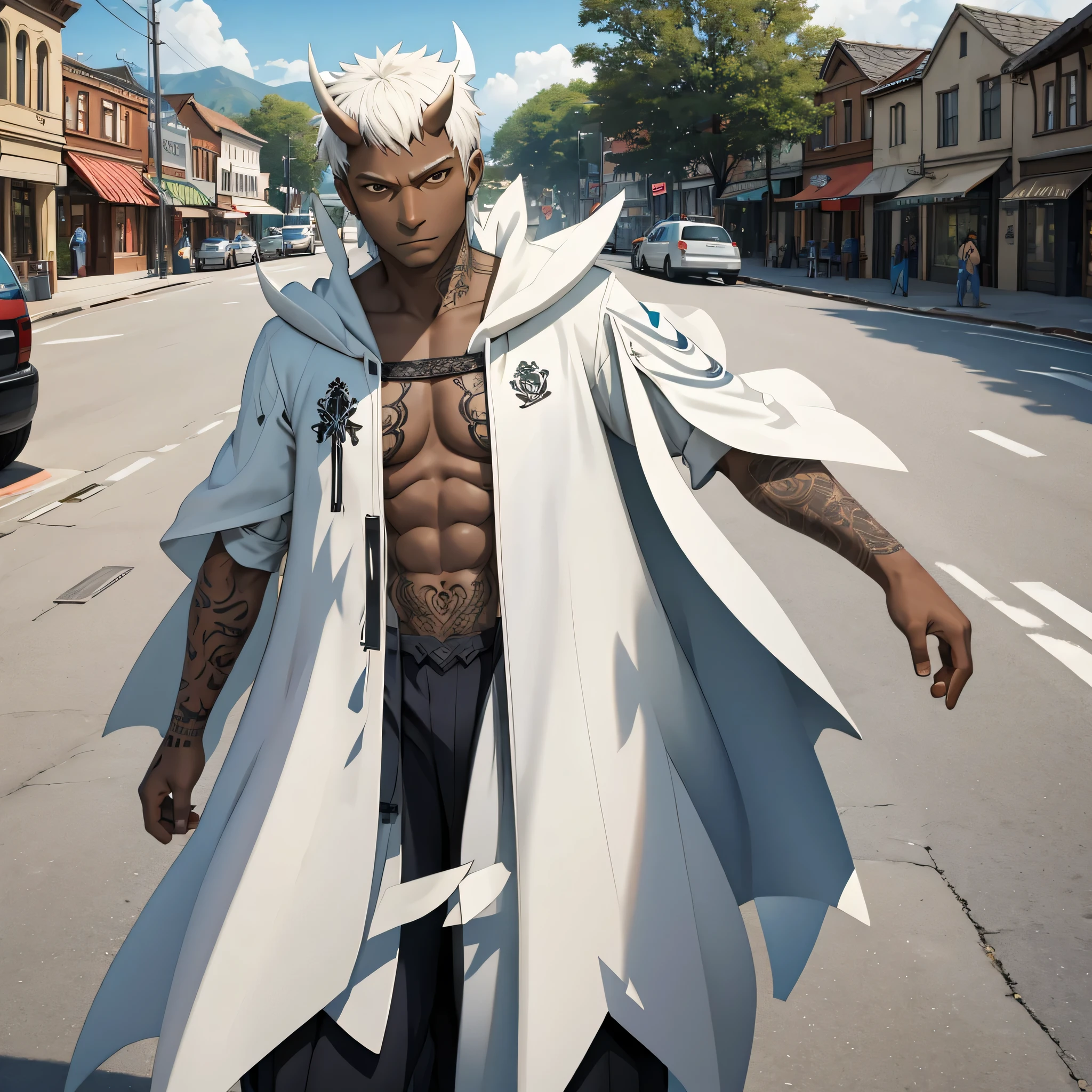 35-year-old male, dark-skinned, tattoos, white hair, horns, walking through town