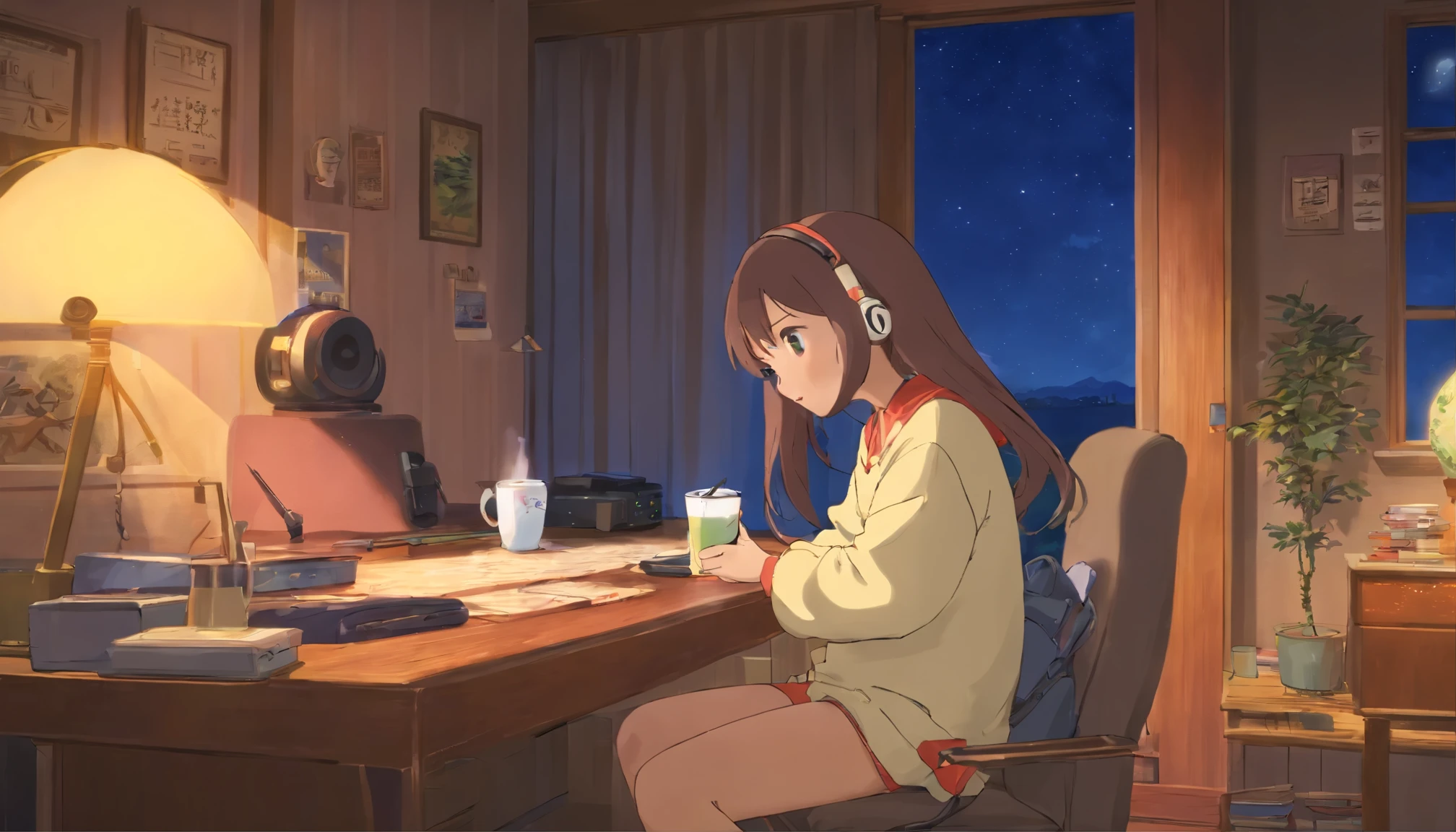 young woman wearing headphones、long hair、Rooms for single people、night、sitting at the desk、night空、Drinking hot milk、fluffy pajamas、indirect lighting、Lo-fi atmosphere、night寝る前、night空を見ている、star