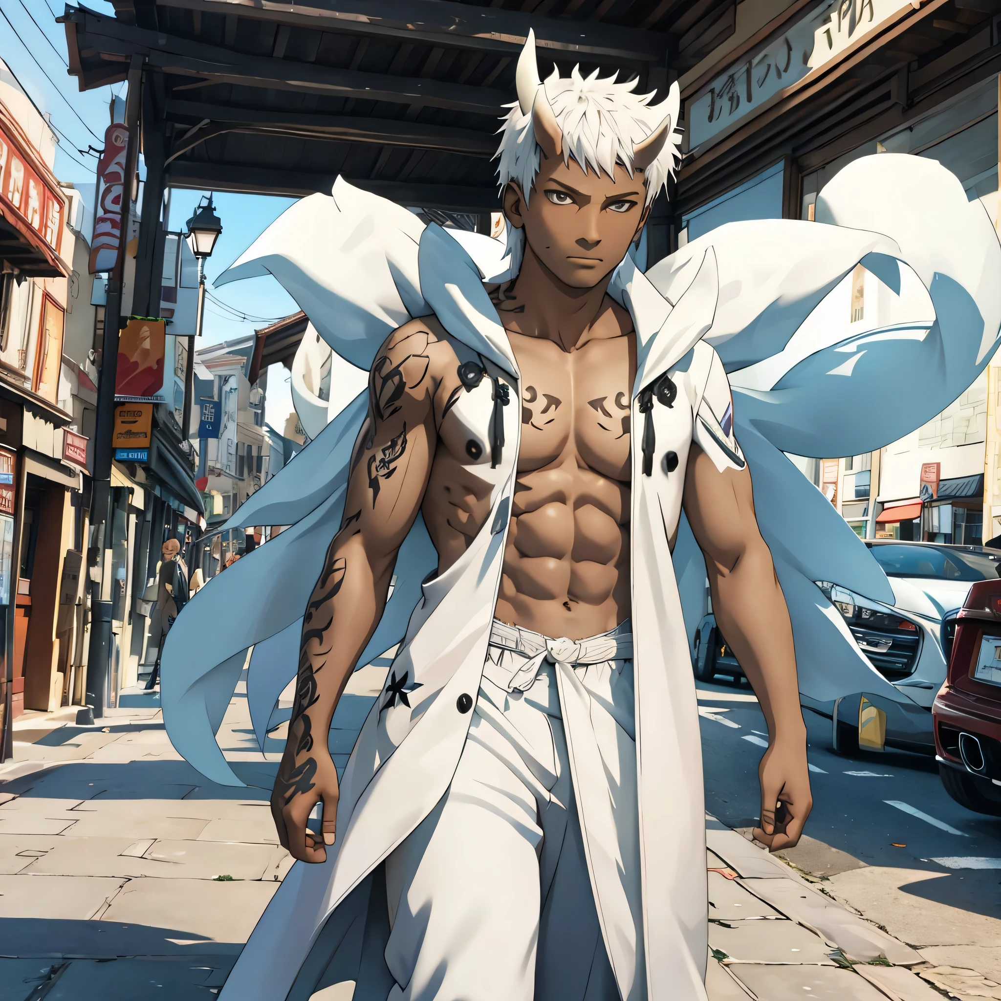 35-year-old male, dark-skinned, tattoos, white hair, horns, walking through town