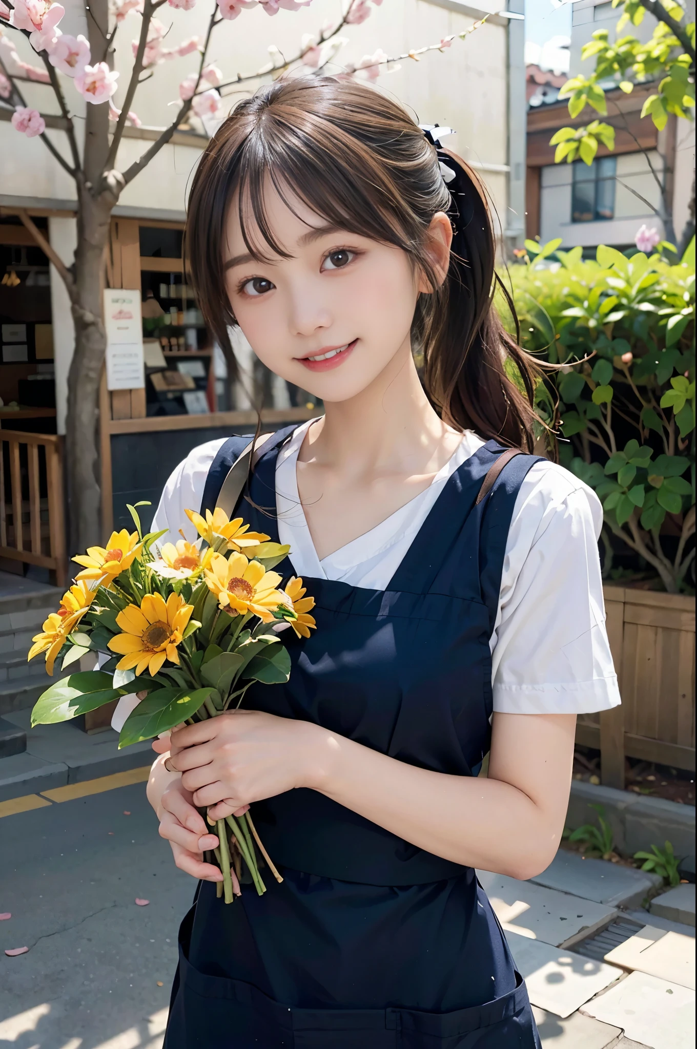 ((masterpiece,best quality 1.4)), (8k,RAW photo:1.2), (realistic,photo realistic:1.4), ultra high resolution , (Highly detailed 8k wallpaper) ,japanese idol, Japanese actress, Japanese, very cute, Big eyes, highly detailed eyes and face, Beautiful eyes in every detail,shiny skin,portrait,(ponytail :1.2),(smile:1.3) ,(holding a bouquet:1.2),lit, sharp focus, Depth of written boundary , (dynamic angle:1.4 ). blur background, Bokeh, (apron:1.3) ,A small flower shop bathed in spring sunlight, A row of colorful flowers. In front of the shop, Bright bouquets and hanging succulents are on display.. The background is cobblestone streets and old-fashioned townscapes.