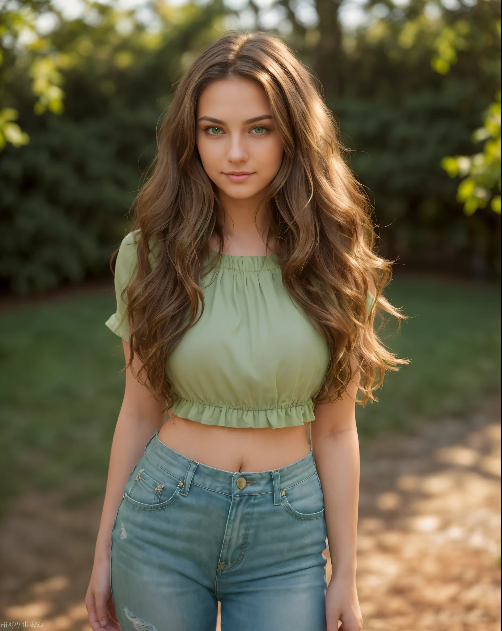 (masterpiece), (best quality), (RAW), (16k), (photo), (photorealistic), (ultra realistic), (high detail), (focus, HDR camera, (hight resolution), ISO 100, f/2.8, 85mm, 1/125s, instagram photo, dynamic pose ((only one young woman), (19 years old)), (high skin detail), (brunette, wavy hair, brown hair, (long hair), ((green eyes)), (high skin detail), ((brunette, wavy hair, brown hair)), (((happy))), (standing), (full body) , hard shadows.