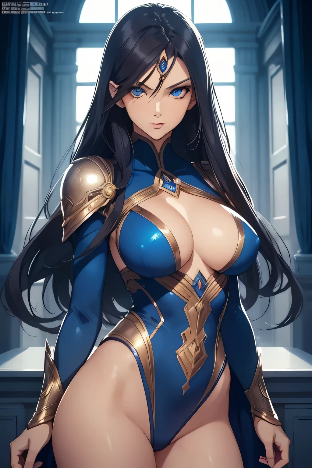 1 beautiful woman, fair skin, long dark hair, blue eyes, ((detailed eyes:1.2)), medium breasts, wearing sexy superheroine costume, elegant, sensual, window boob, (masterpiece, top quality, best quality, official art, beautiful and aesthetic:1.2), extreme detailed, colorful, highest detailed