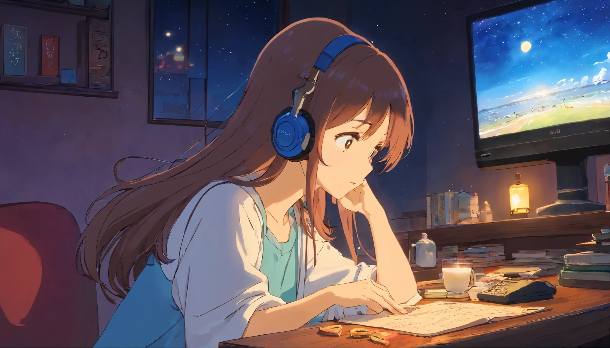 young woman wearing headphones、long hair、Rooms for single people、night、sitting at the desk、night空、Drinking hot milk、fluffy pajamas、indirect lighting、Lo-fi atmosphere、night寝る前、night空を見ている、star