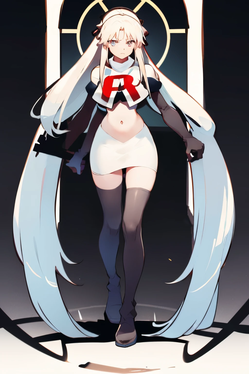 1 girl with long white hair, team rocket,team rocket uniform,white skirt,red letter R,crop top,black thigh-highs,black elbow gloves,