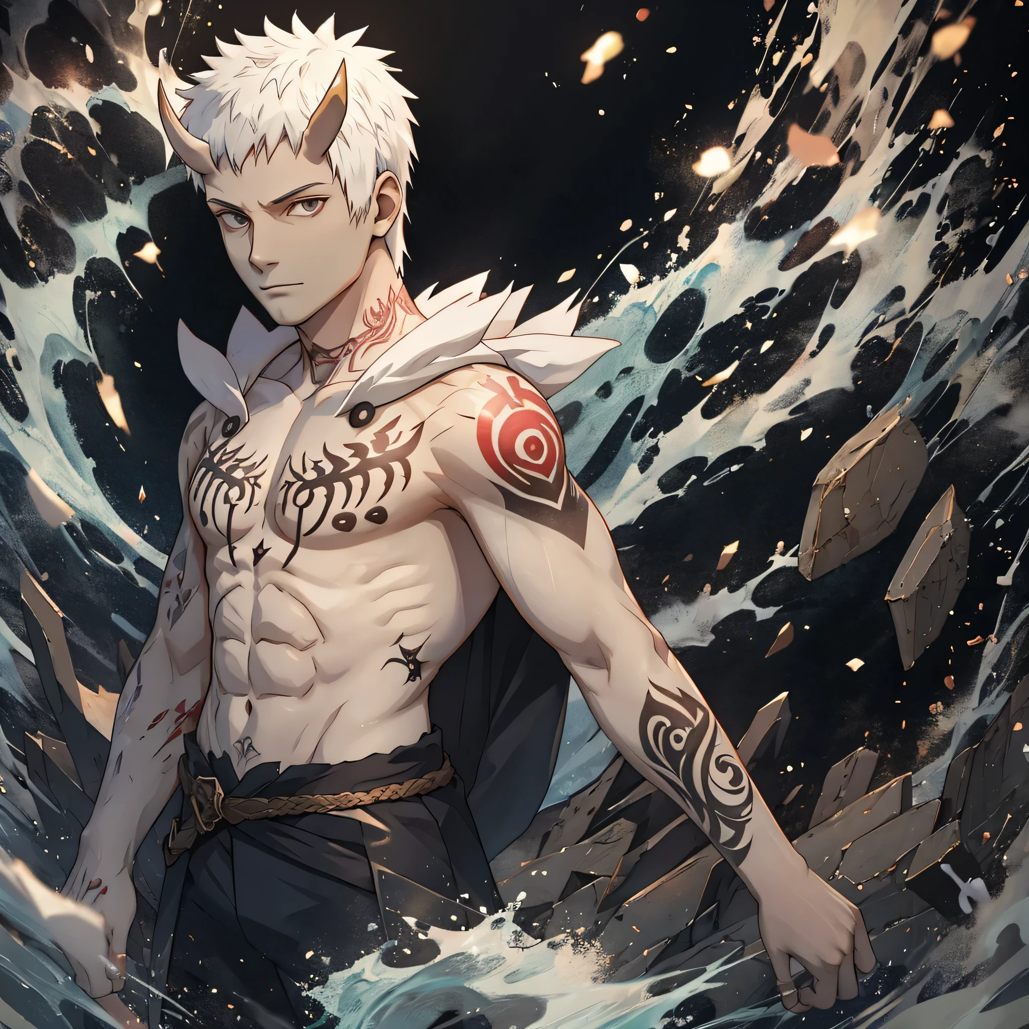 35-year-old male, dark-skinned, tattoos, white hair, horns, using magic, battle damaged, bloody, injured