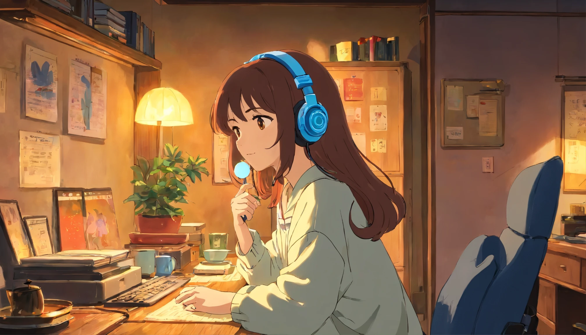 Anime girl with headphones sitting at a desk in front of a computer ...
