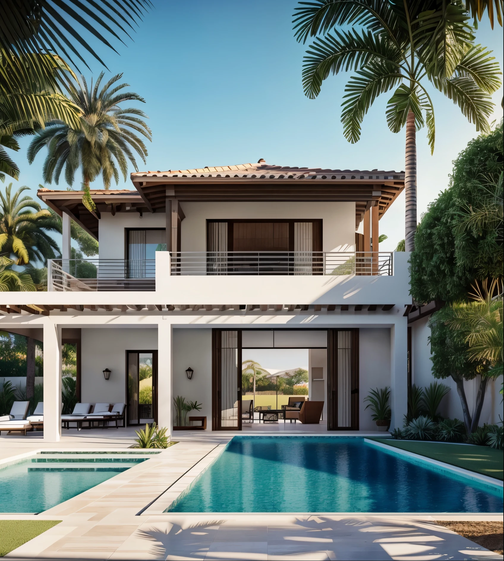 An exterior patio, lawn chairs, pool, (shed), palm trees, Large Spanish style villa in background, single storey flooring,
Daylight, sunrise, 2-point perspective, human perspective, Realistic, photographic, rendering masterpiece, high-quality, ultra-detailed, 4K