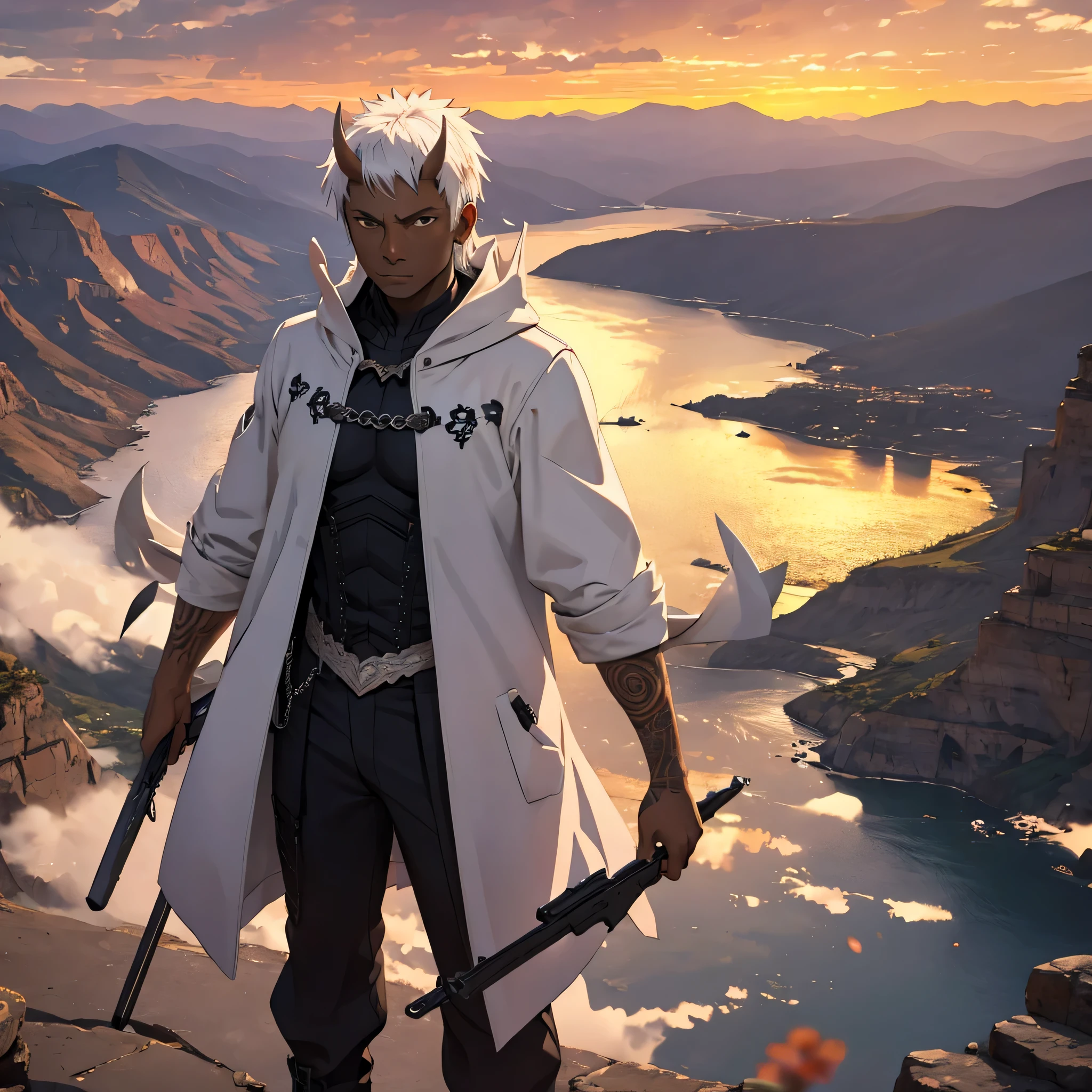 35-year-old male, dark-skinned, tattoos, white hair, horns, standing on cliff edge overlooking town, sunset