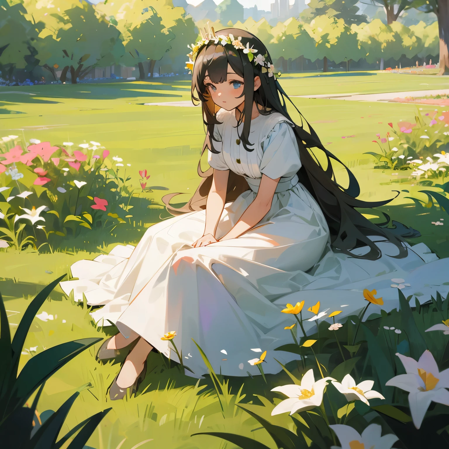 A cute girl sitting on grass in flowery garden wearing a "long skirt" and a "flower crown" on head, "masterpiece"