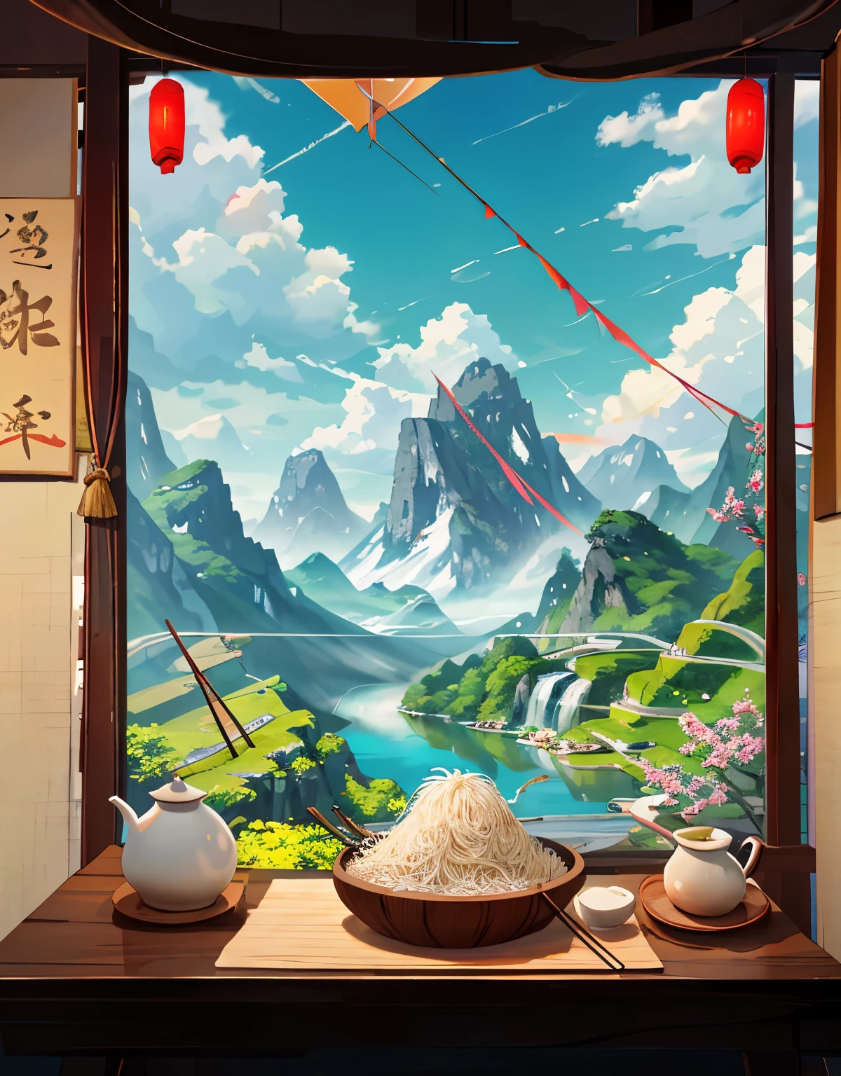 Ancient China、spring、jungle、lake、hole in mountain、Fall，that tree、grassland、rock、please、hot springs、hydrosphere、（revelation：1.0）、epic work、Realistic lighting、High definition details、masterpiece、best quality，（Very detailed CG unified 32k wallpaper）The earth begins to wake up，Rebirth。In this season full of life，Blue sky with few clouds，Ground lawn，There is a bowl of rice noodles on the mat，Pick up the rice noodles with chopsticks，Rice noodles curved and crystal clear, cover, Real photos of delicious pho, on a sunny day, beautiful sunny day, cheap, healthy, landscape in background, Background image, Rice flour paper texture, High quality product image”