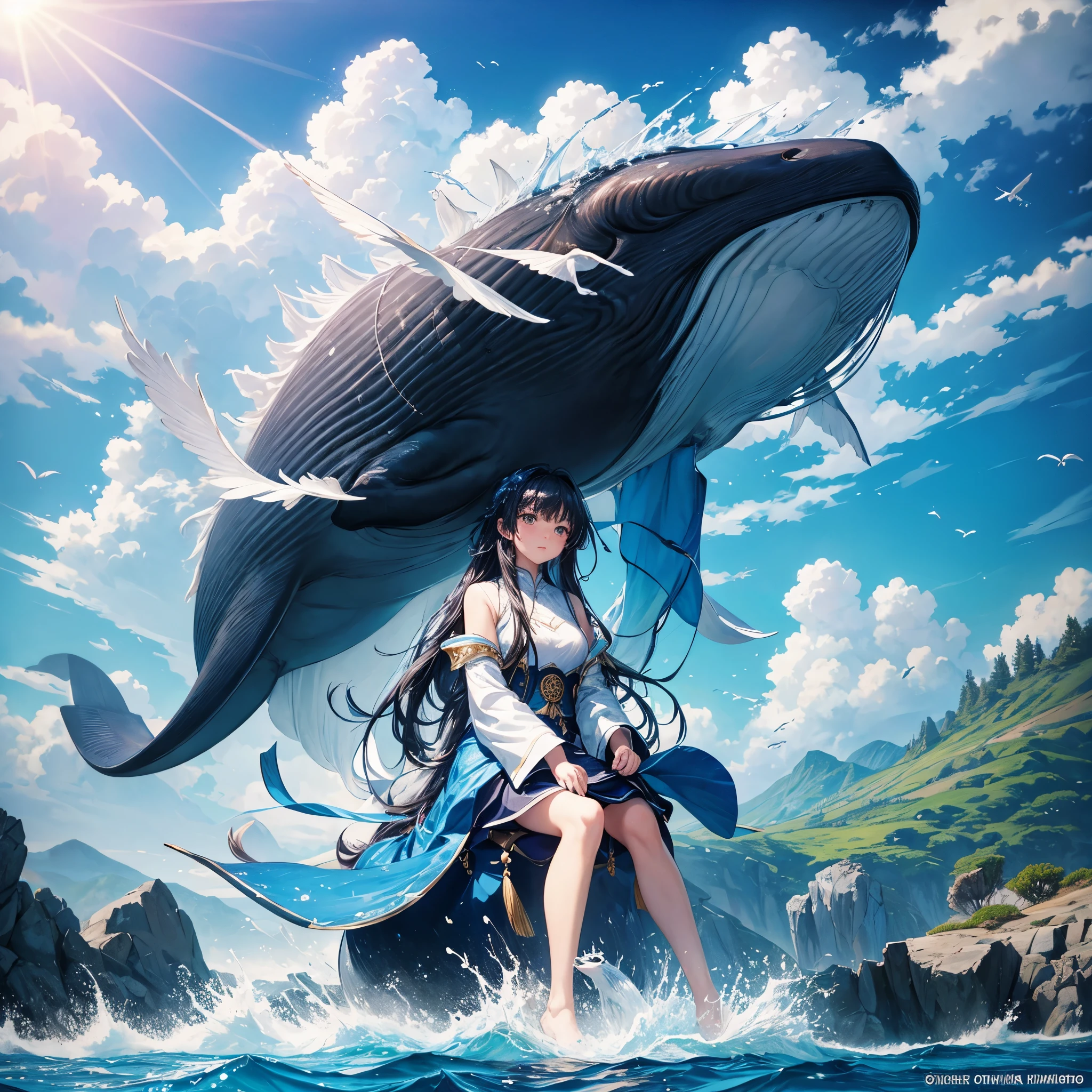 The fantasy style of Asian animation depicts a huge blue whale flying in the water and sky, surrounded by white clouds and birds. There is a long-haired girl sitting on the blue whale's back, swimming freely, happily looking into the distance, the sun shines directly on the sea, and the sea is crystal clear. Flash, shining directly on the girl's face, with exquisite and rich details, HDR wide-angle head, shot from bottom to top, film photography angle, 8k