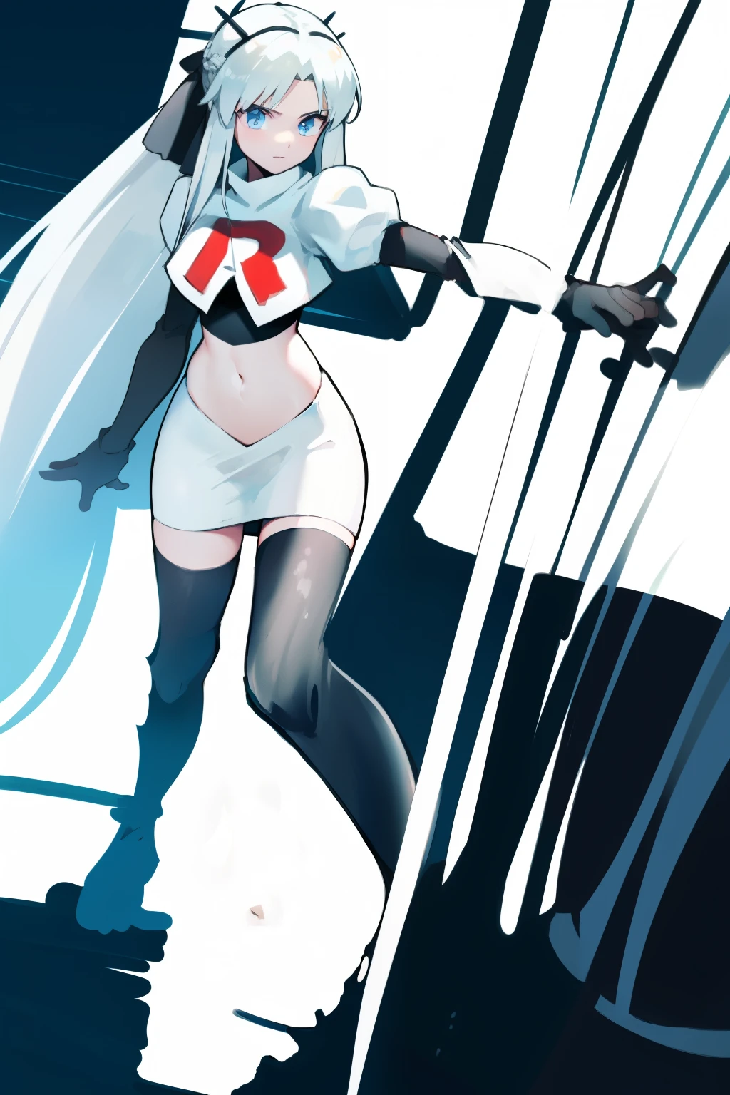 1 girl with long white hair, team rocket,team rocket uniform,white skirt,red letter R,crop top,black thigh-highs,black elbow gloves,
