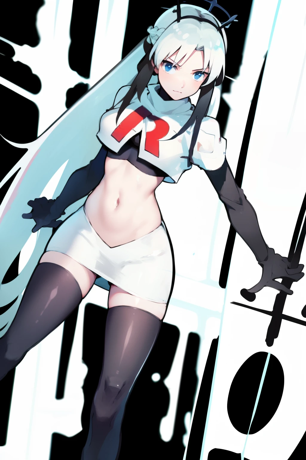 1 girl with long white hair, team rocket,team rocket uniform,white skirt,red letter R,crop top,black thigh-highs,black elbow gloves,