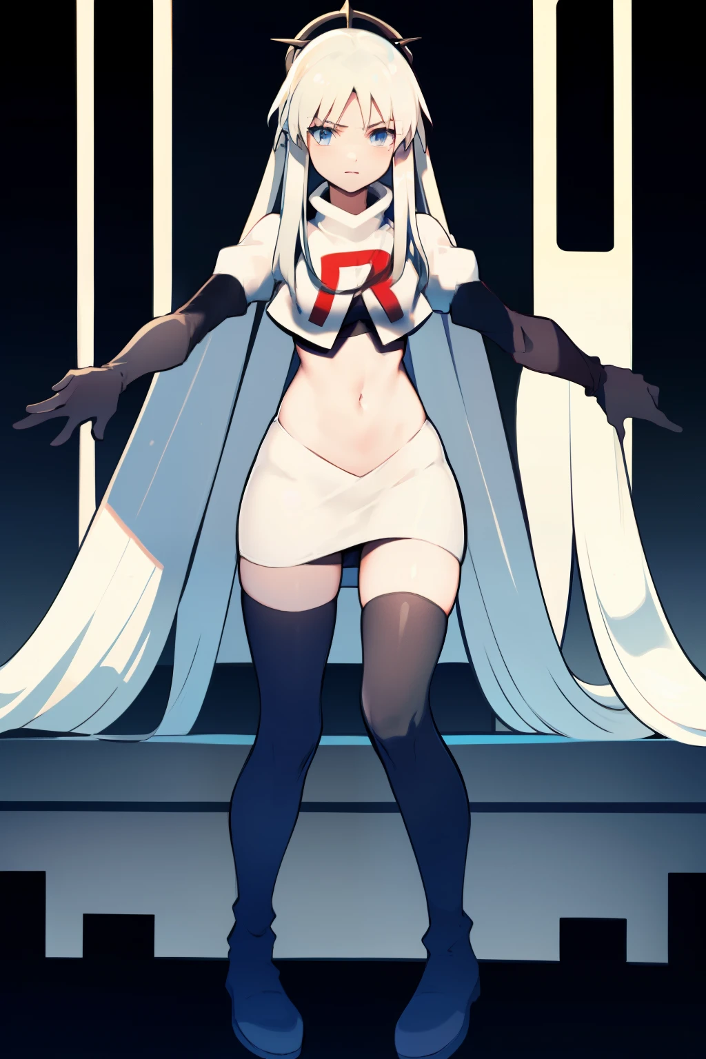 1 girl with long white hair, team rocket,team rocket uniform,white skirt,red letter R,crop top,black thigh-highs,black elbow gloves,