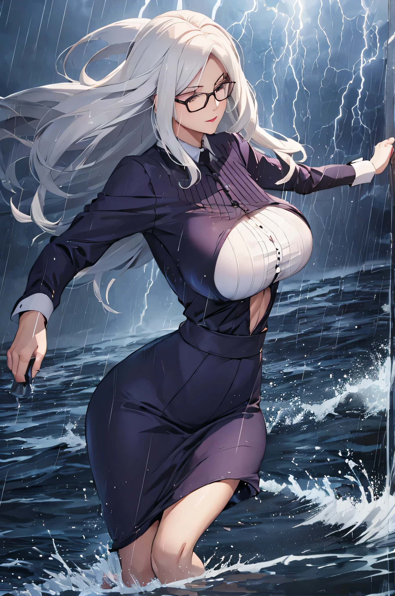 mature woman, glasses, long hair, big breasts, running in the rain, rainstorm, pouring rain, thunderstorm