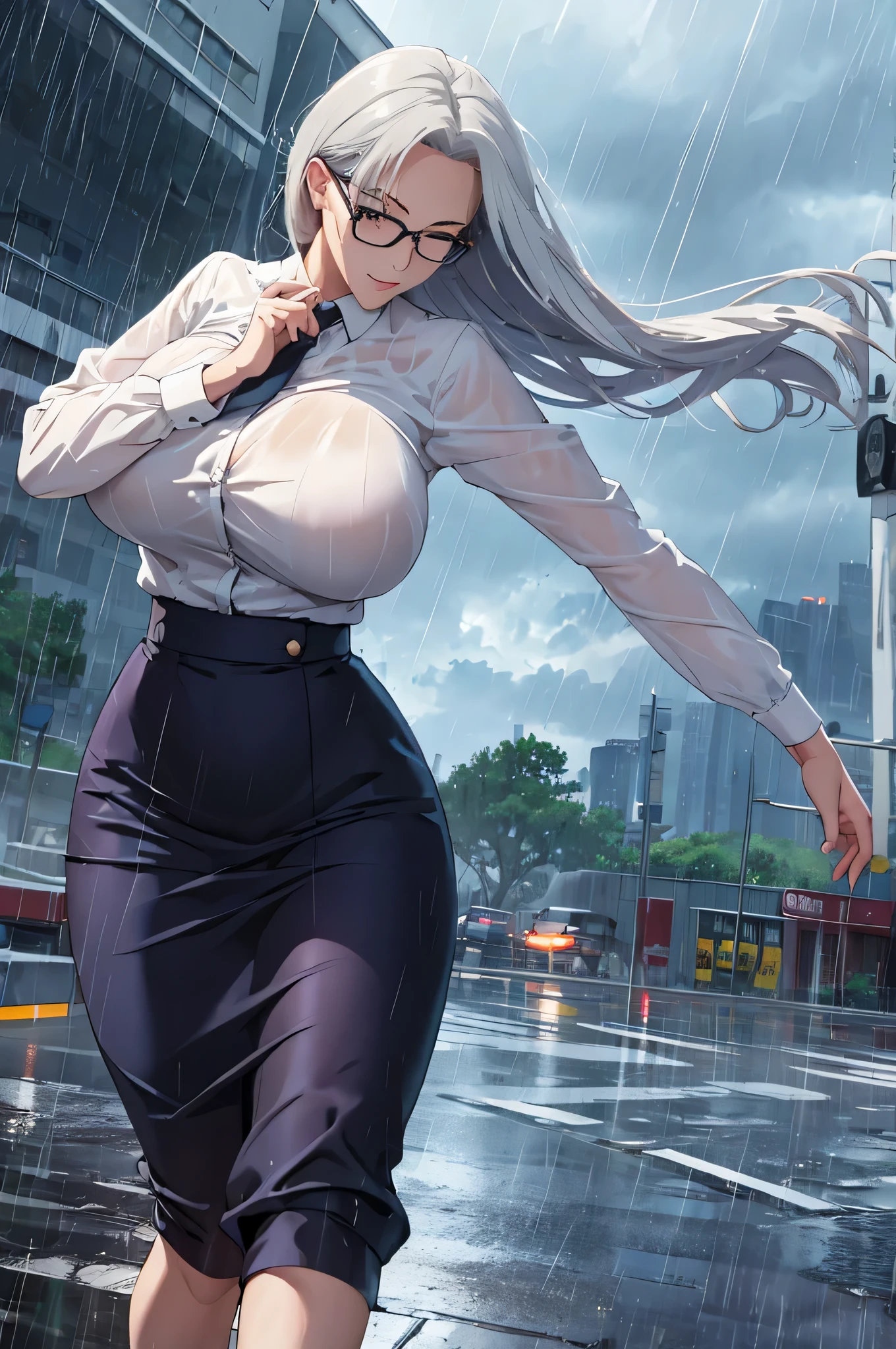 mature woman, glasses, long hair, big breasts, running in the rain, rainstorm, pouring rain, thunderstorm