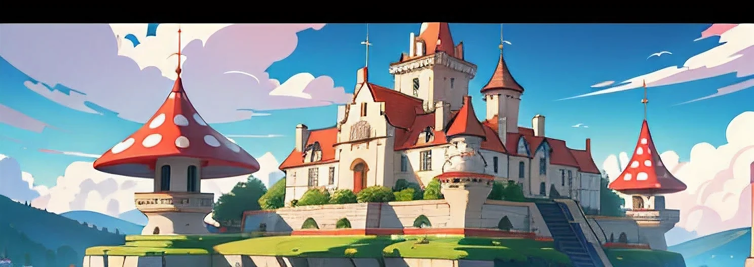 (masterpiece), (highest quality) Mushroom kingdom in the background, Giant mushrooms on the background, detailed background, Pink roof castle on the left side of the background, cartoon style