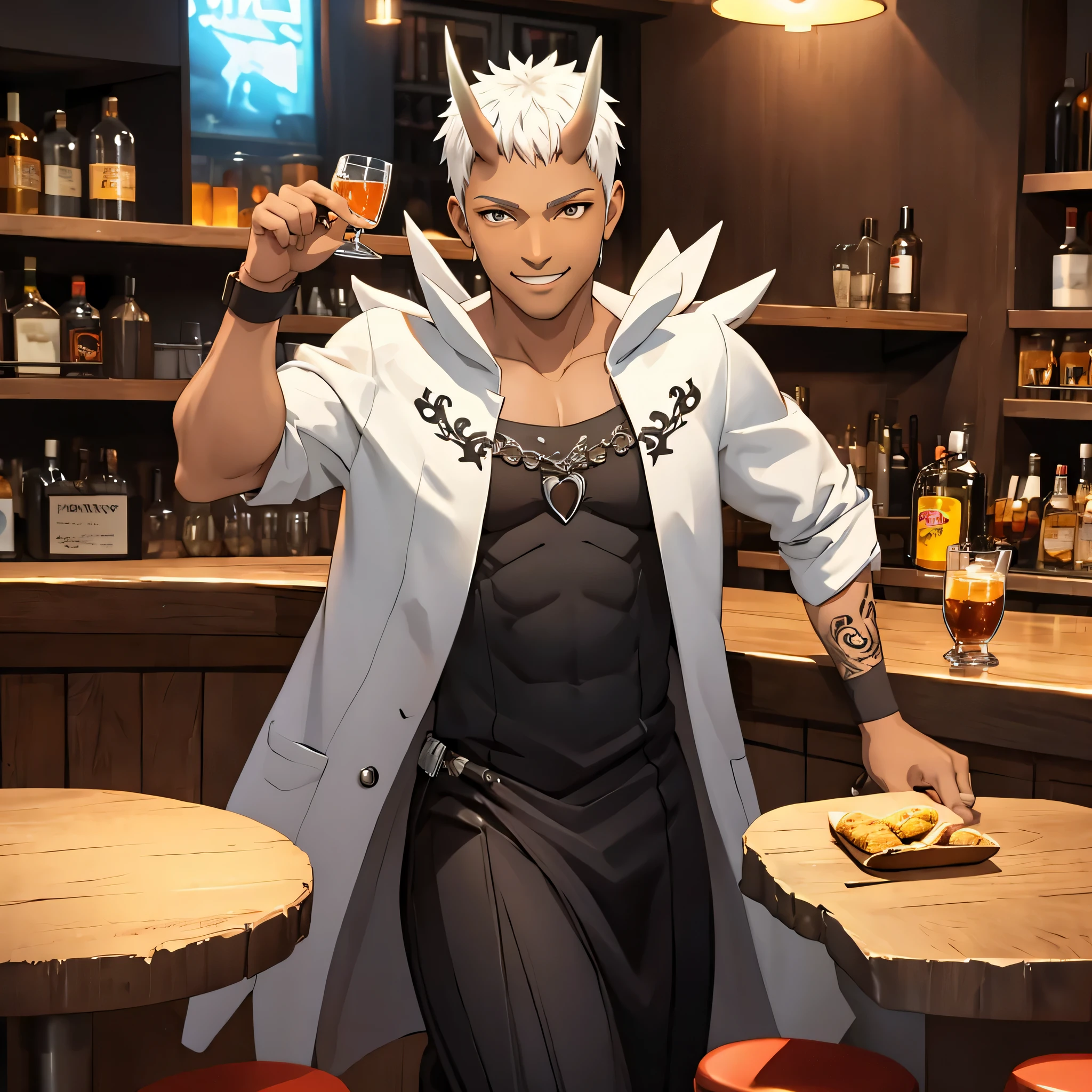 35-year-old male, dark-skinned, tattoos, white hair, horns, happily drinking at a bar, happy, big smile, cocky smile, sitting on a bar stool, battle outfit