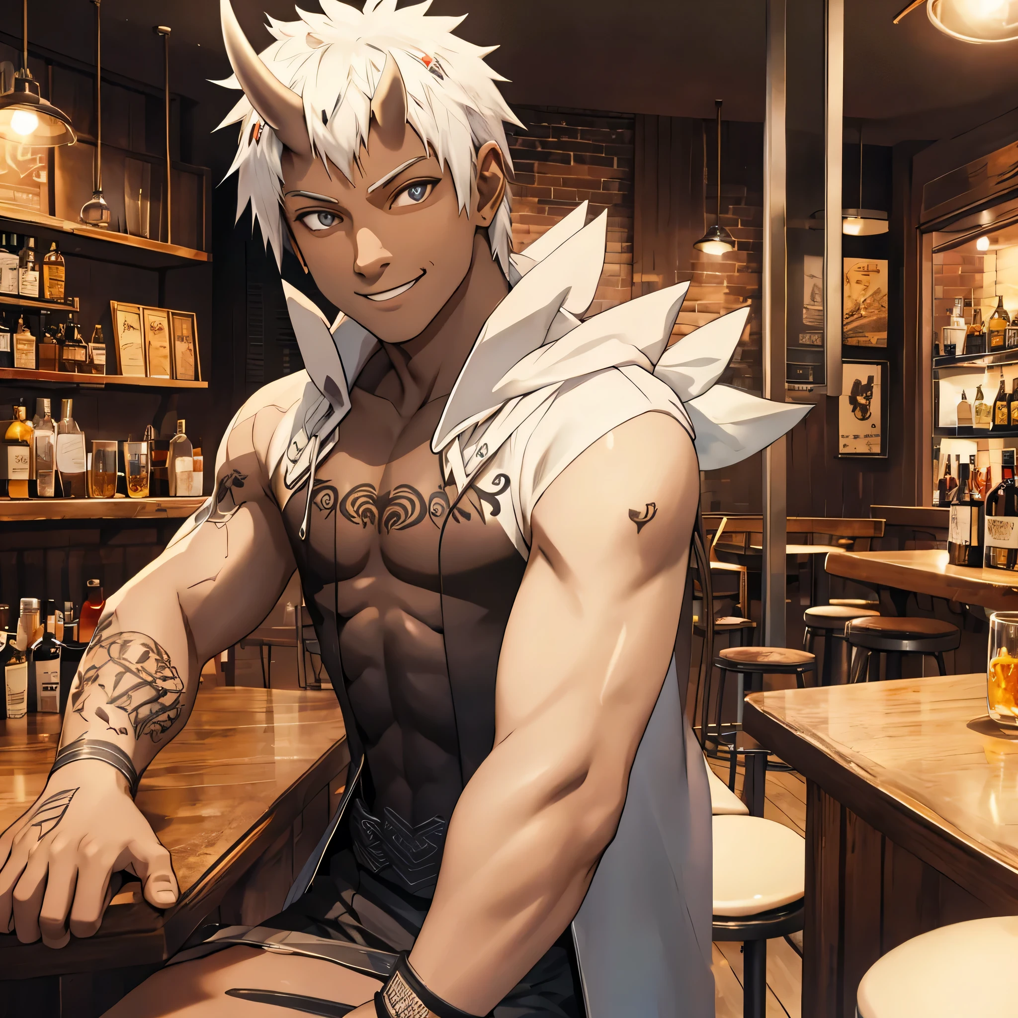 35-year-old male, dark-skinned, tattoos, white hair, horns, happily drinking at a bar, happy, big smile, cocky smile, sitting on a bar stool, battle outfit