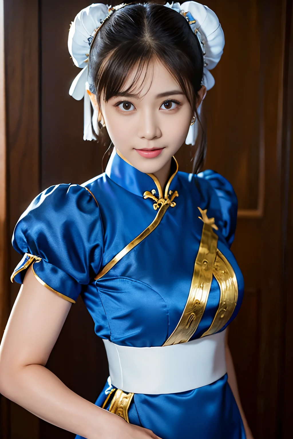 Chun-Li from Street Fight II,perfect chun li costume,Blue cheongsam with gold lines,Bun head,bun cover,fighting pose,masterpiece、1 beautiful girl、fine eyes、puffy eyes、highest quality, 超High resolution, (reality: 1.4), movie lighting、Japanese、asian beauty、Korean、super beautiful、beautiful skin、body facing forward、close up of face、(超reality的な)、(High resolution)、(8k)、(very detailed)、(美しくfine eyes)、(Super detailed)、 (wall-)、detailed face、bright lighting、professional lighting、looking at the viewer、look straight ahead、slanted bangs、Nogizaka Idol、korean idol、masterpiece, highest quality, masterpiece, highest quality, perfect face, perfect brown eyes with white sclera, bad move-5, alone, 1 girl, Upper body, brown hair, From SF2, Chinese service, smile, muscular woman, blue clothes, pantyhose, pelvic curtain, Puffy short sleeves, Good cover, sash, evaluation:safety