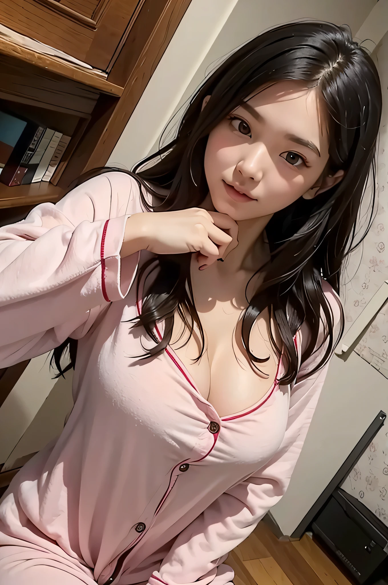 A 25-year-old B-cup bust female college student is in her old room in her pajamas.。