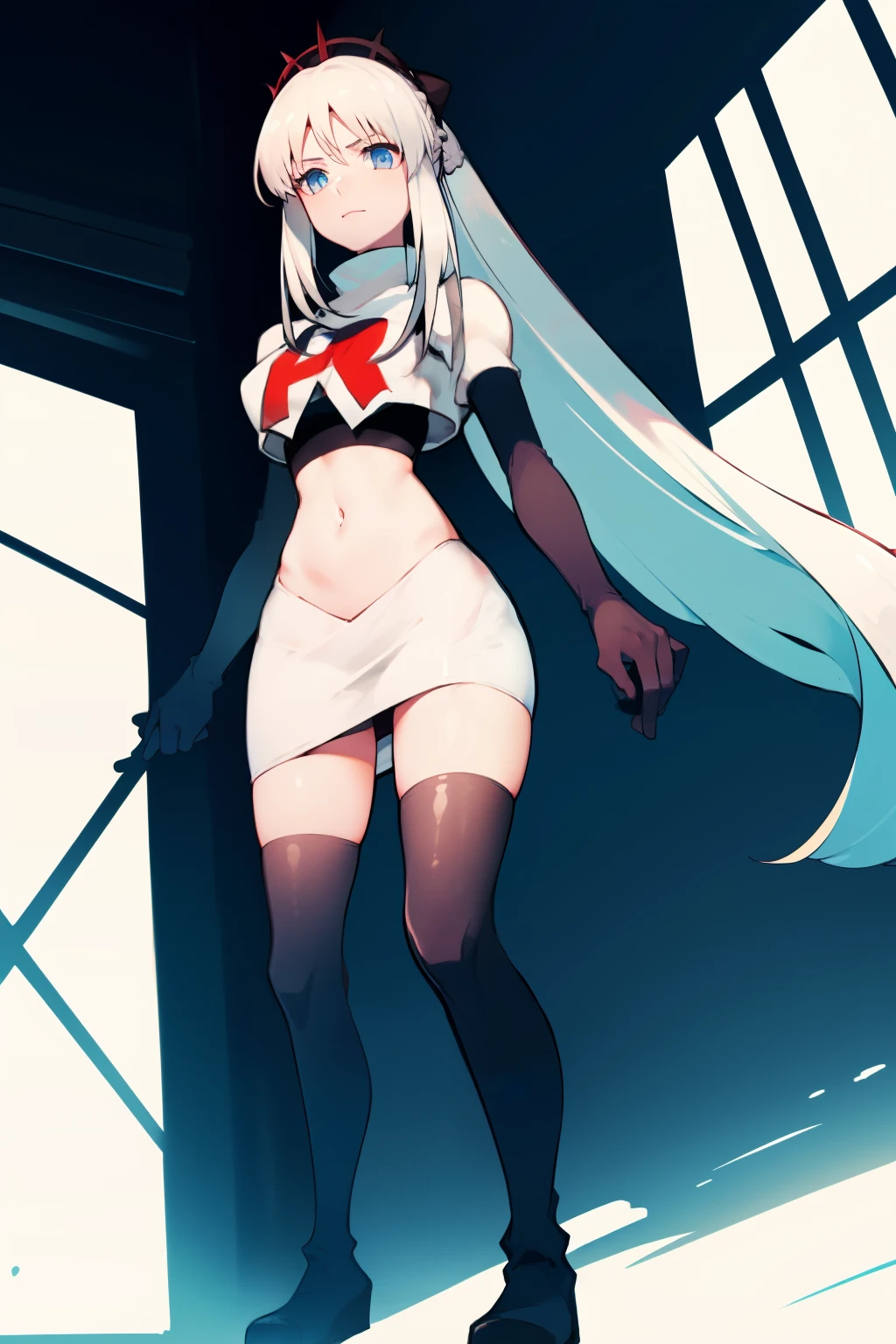 1 girl with long white hair, team rocket,team rocket uniform,white skirt,red letter R,crop top,black thigh-highs,black elbow gloves,