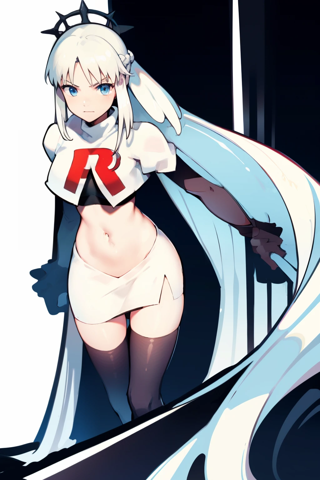1 girl with long white hair, team rocket,team rocket uniform,white skirt,red letter R,crop top,black thigh-highs,black elbow gloves,