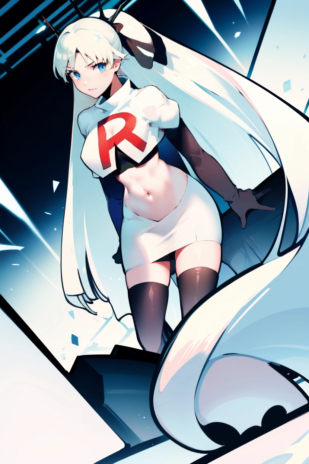 1 girl with long white hair, team rocket,team rocket uniform,white skirt,red letter R,crop top,black thigh-highs,black elbow gloves,