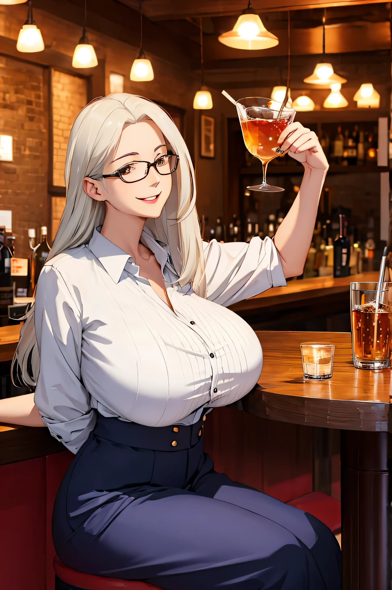 mature woman, glasses, long hair, big breasts,happily drinking at a bar, happy big smile, sitting on a bar stool
