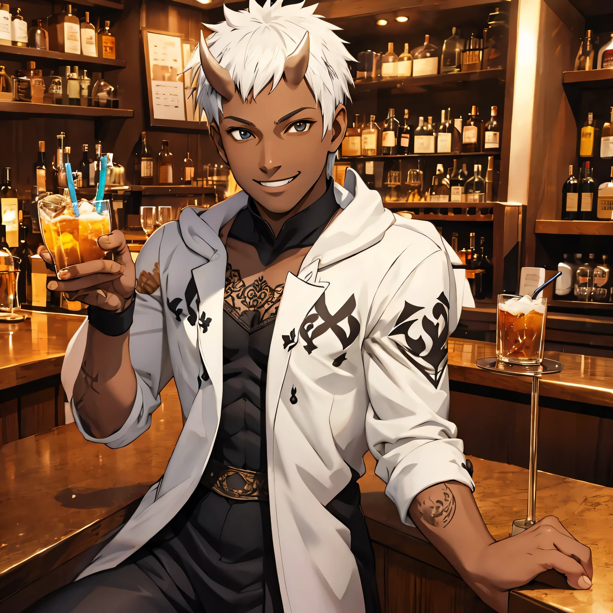 35-year-old male, dark-skinned, tattoos, white hair, horns, happily drinking at a bar, happy, big smile, cocky smile, sitting on a bar stool, battle outfit