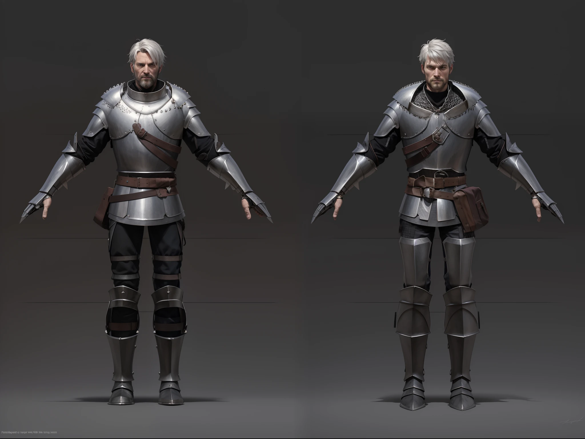 ( Realistic:1.33),(masterpiece:1.1),(highest quality:1.1),(HDR:1) a close up of a knight with moonlit armor , full body concept, detailed full body concept, medieval imperial knight style character, full body character concept, new costume concept design, full body details, detailed full body concept art, full character body, character model sheet turnaround, fullbody shot turnaround, concept character sheet, full body concept art, reference model sheet , full body concept art, medieval style character, game character design, concept character, full body character concept art, 3d character reference sheet, male, video game character concept, detailed character design, character sheet, character model sheet turnaround , front and back, front and back, Imperial knight armor, dark red costume, medieval red Gambeson, (leather belt, steel boot armor), gambeson, black leather belt, moonlit shoulder armor, grey clean background, 3D character, Paladin wearing Silver Chain Armor with Moonlit Edge and black fur around collar