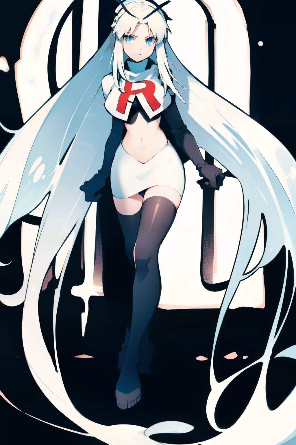 1 girl with long white hair, team rocket,team rocket uniform,white skirt,red letter R,crop top,black thigh-highs,black elbow gloves,