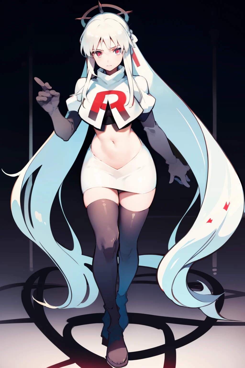 1 girl with long white hair, team rocket,team rocket uniform,white skirt,red letter R,crop top,black thigh-highs,black elbow gloves,