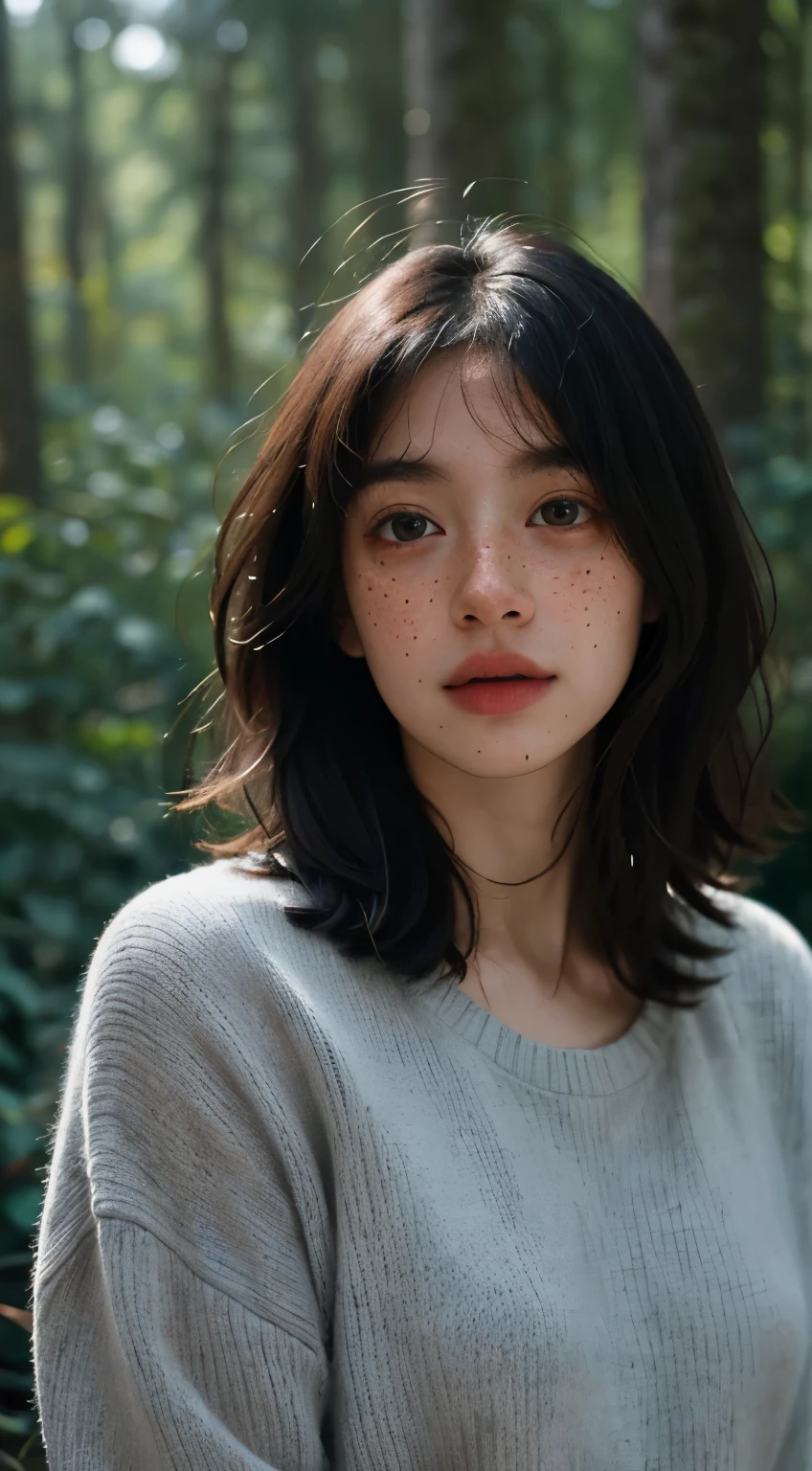 Best quality, masterpiece, ultra high res, (photorealistic:1.5), raw photo, 1girl, dark blue sweater, dense forest , deep shadow, low key, cold light, sexy look, Bob hair, ((freckles)), in front of him there were wild plants, blurry background.
