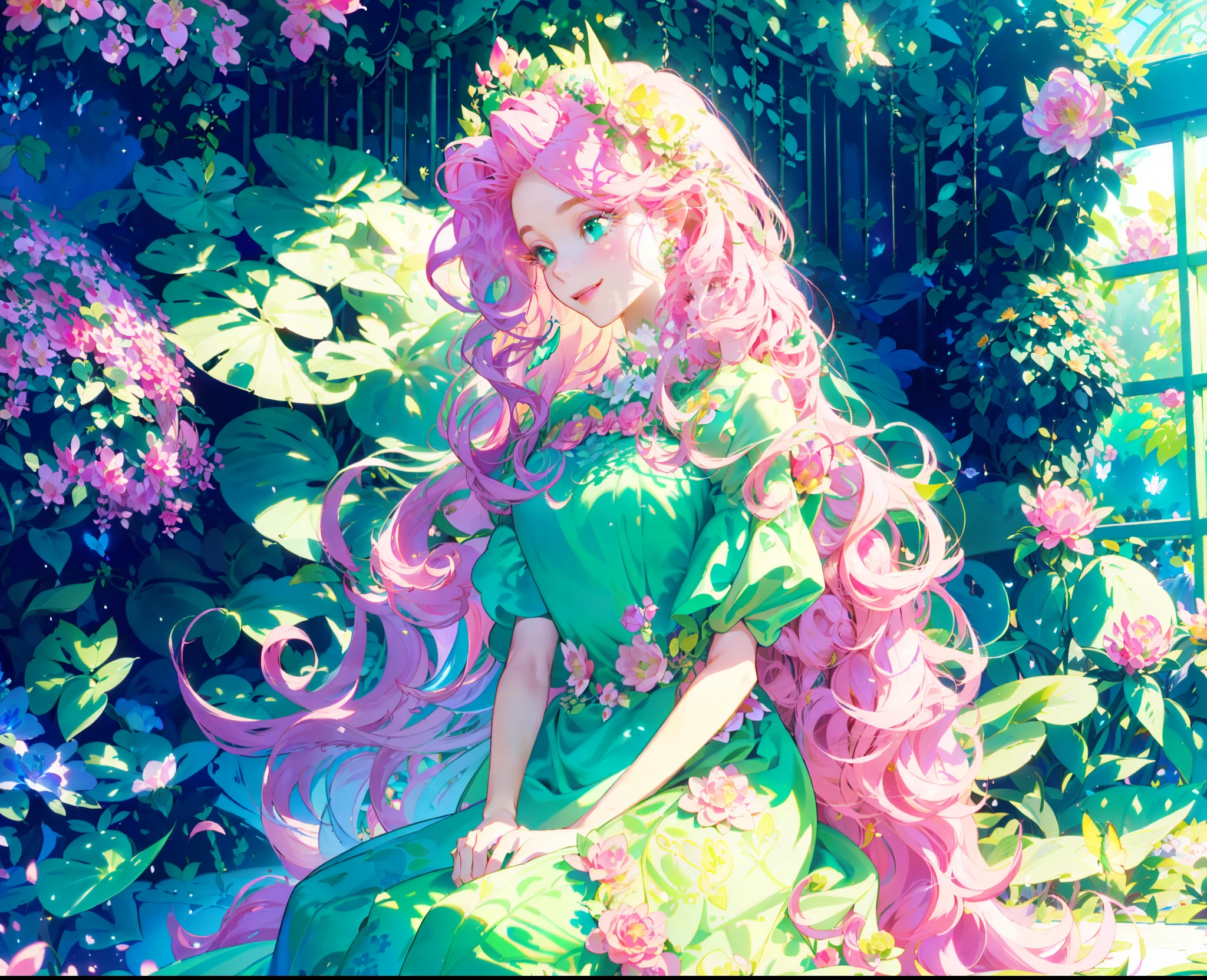 Fluttershy, fluttershy from equestria girls, fluttershy in the form of a young woman, lush breast, (pink long wavy hair:1.5), soft sweet shy smile, flowers, butterflies, (top quality, masterpiece, ultra-realistic), ((indoor in a green botanical garden:1.5)), dome, lots of flowers, dense mass plants, ((the background landscape is a garden with petals)), Dahlia peony flowers everywhere, turquoise eyes, ((green dress with butterflies patterns on it)), butterfly hair clip, detailed lighting, sunlight, ((yellow pure light)), sitting, heavenly plants, hanging flower pots, pink and green flowers everywhere, flower crown, green glass dome, extremely long hair, (light yellow skin 1.5), yellow pony ears, golden lighting, LAVENDER FLOWER EVERYWHERE, LILAC FLOWERS EVERYWHERE, pink roses everywhere, PINK HAIR PINK HAIR PINK HAIR, ((WATER FALLS)), so much foliage:1.5, bushes full of flowers, ONE CHARACTER, SOLO, alone