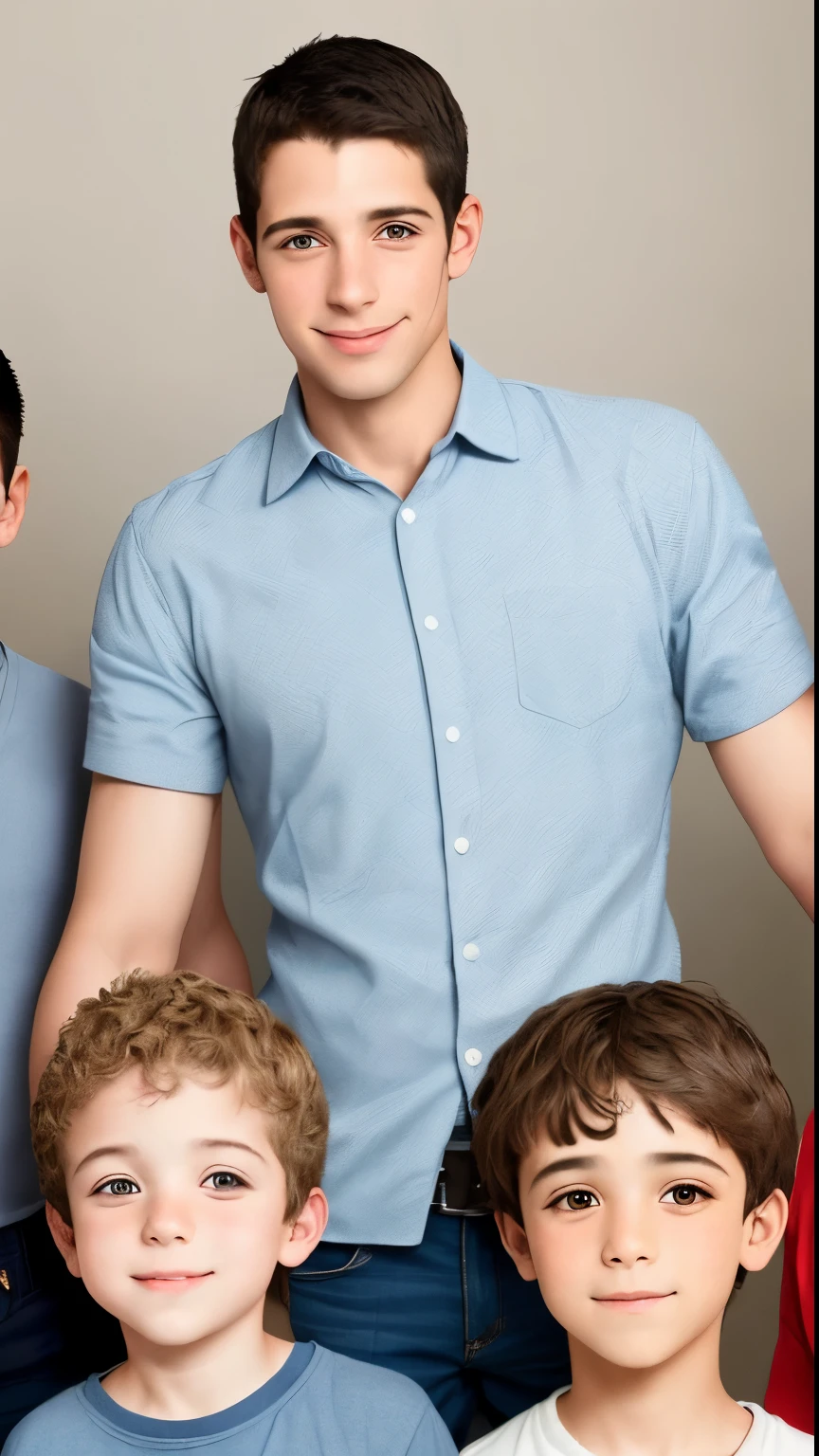 Picture of five boys together, one boy aged 35 years, one 30 years old, one 25 years old and one years old, The image should be very clean and clear.