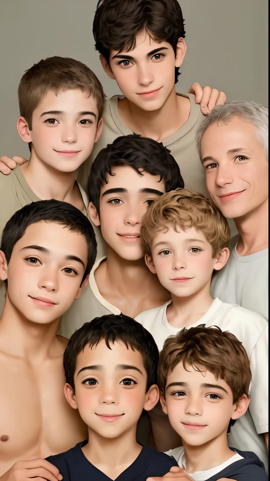 Picture of five boys together, one boy aged 35 years, one 30 years old, one 25 years old and one  years old,  The image should be very clean and clear.