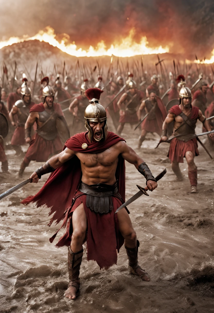 In the epic film "300," one of the most breathtaking scenes unfolds as the Spartan warriors, clad in iconic crimson capes, defiantly face the massive Persian army at the Battle of Thermopylae. The sunlight glints off their meticulously crafted armor, emphasizing their chiseled physiques. As the clash ensues, slow-motion sequences capture the intensity of each sword swing and spear thrust, creating a visually stunning portrayal of valor and warfare. The scene's dynamic choreography, combined with its hyper-realistic cinematography, immerses the audience in the heart of ancient Greek heroism, making it an unforgettable cinematic masterpiece.