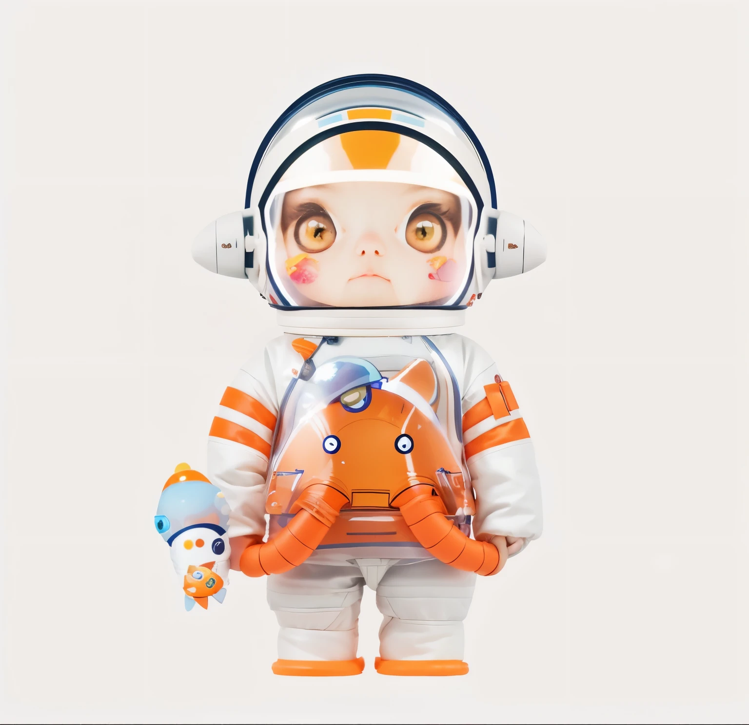 Little astronaut抬头, Little astronaut, Portrait armored astronaut girl, futuristic astronaut, Venus squid astronaut, space molly, female explorer mini cute girl, 黄肯尼 x Pop Mart, Cute astronaut sticker art, friendly carrot, Wearing a miniature space suit, Portrait of artificial intelligence astronaut, female astronaut，real people，HD pictures
