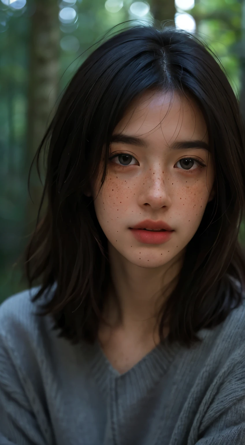 Best quality, masterpiece, ultra high res, (photorealistic:1.5), raw photo, 1girl, dark blue sweater, dense forest , deep shadow, low key, cold light, sexy look, Bob hair, ((freckles)), in front of him there were wild plants, blurry background.