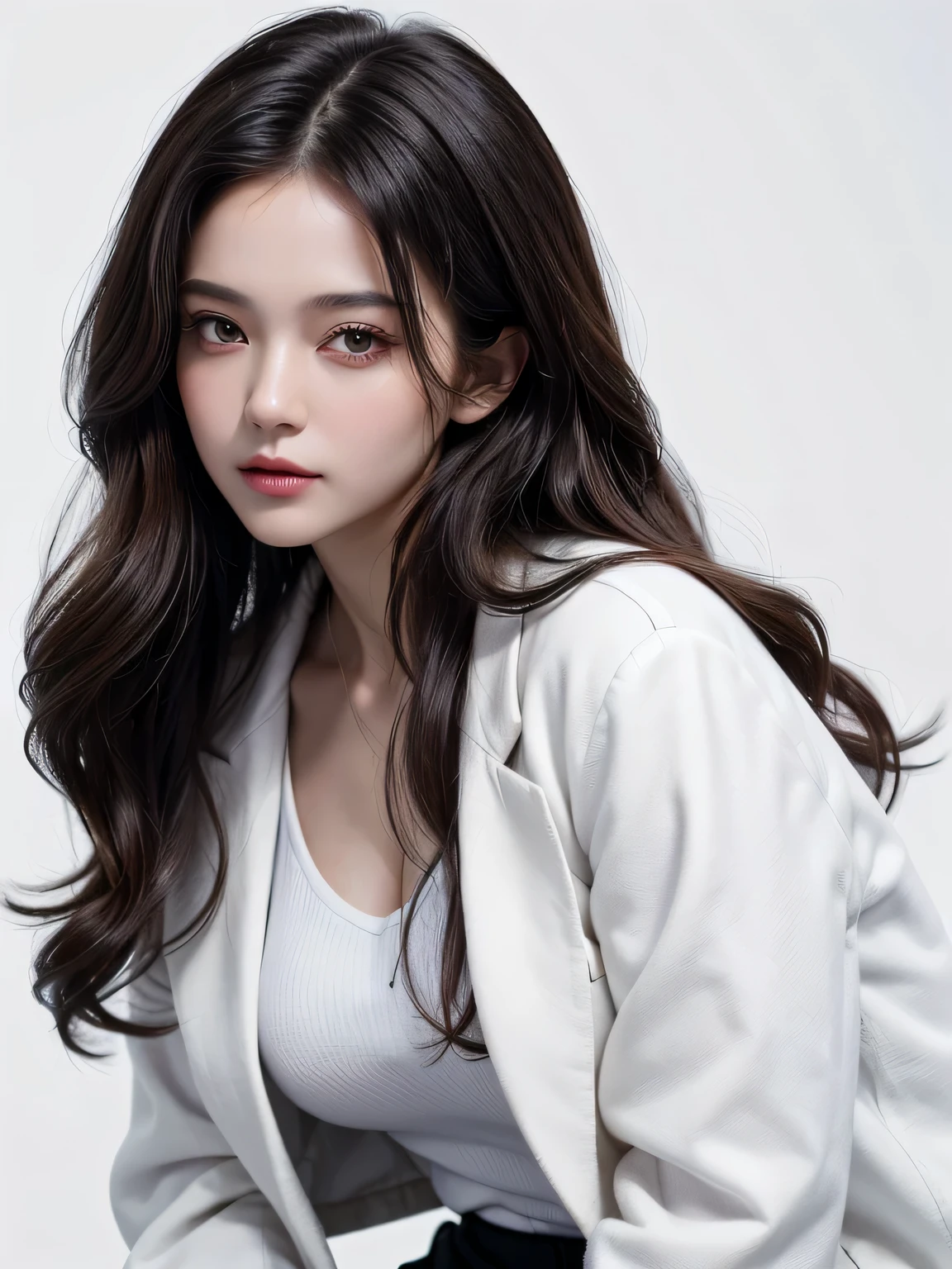 (highest quality, High resolution, masterpiece :1.3), beautiful adult woman, Long contour, chest, ((pure white background)), (Plaid jacket, white shirt, black wide pants, have), (loose wavy bob hair), ((Accurately express details such as faces and skin textures)), take a pose, Please leave plenty of white space,